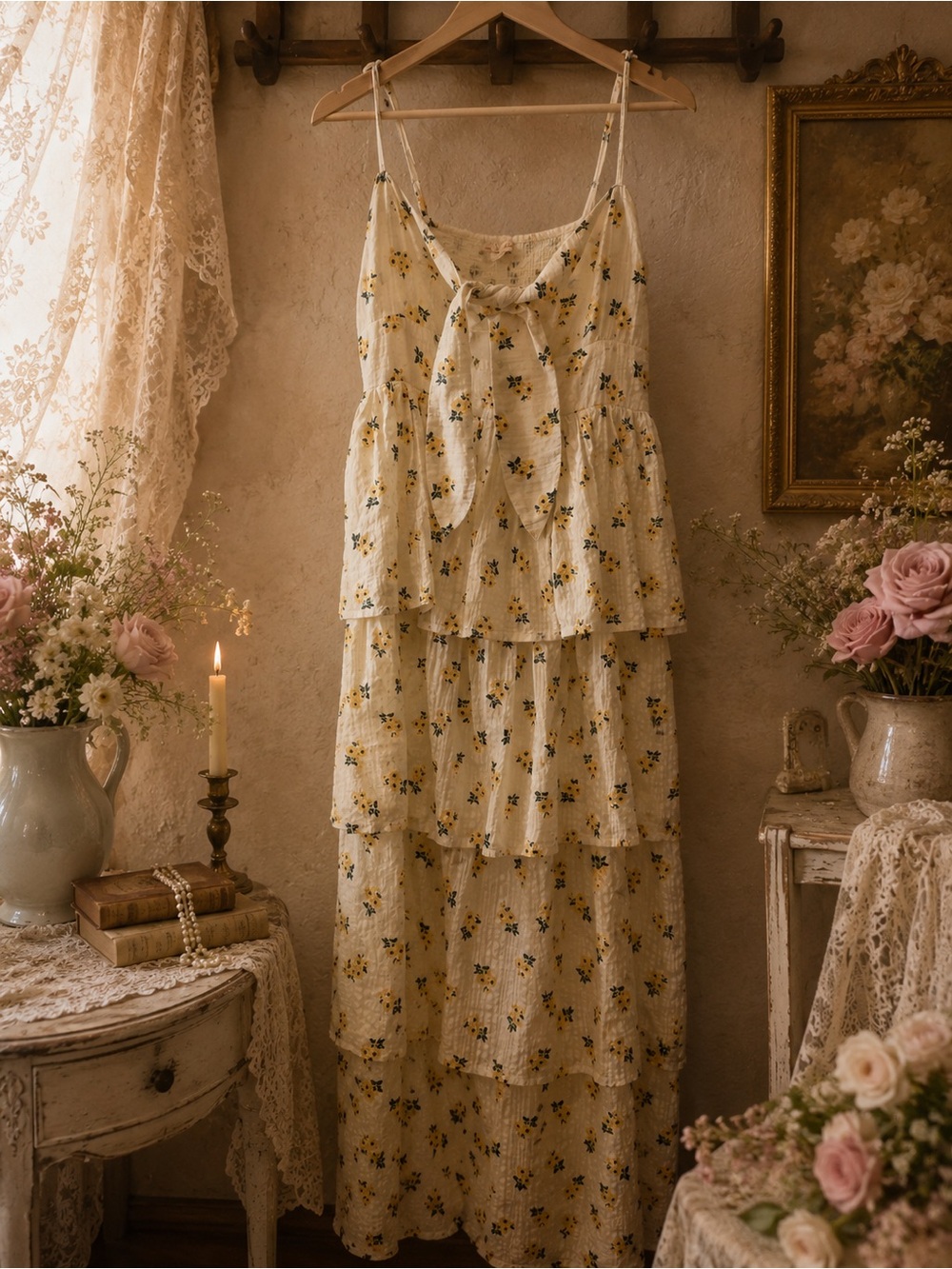 Winston White Floral Tiered Maxi Dress S Cottagecore Tie Front Sundress